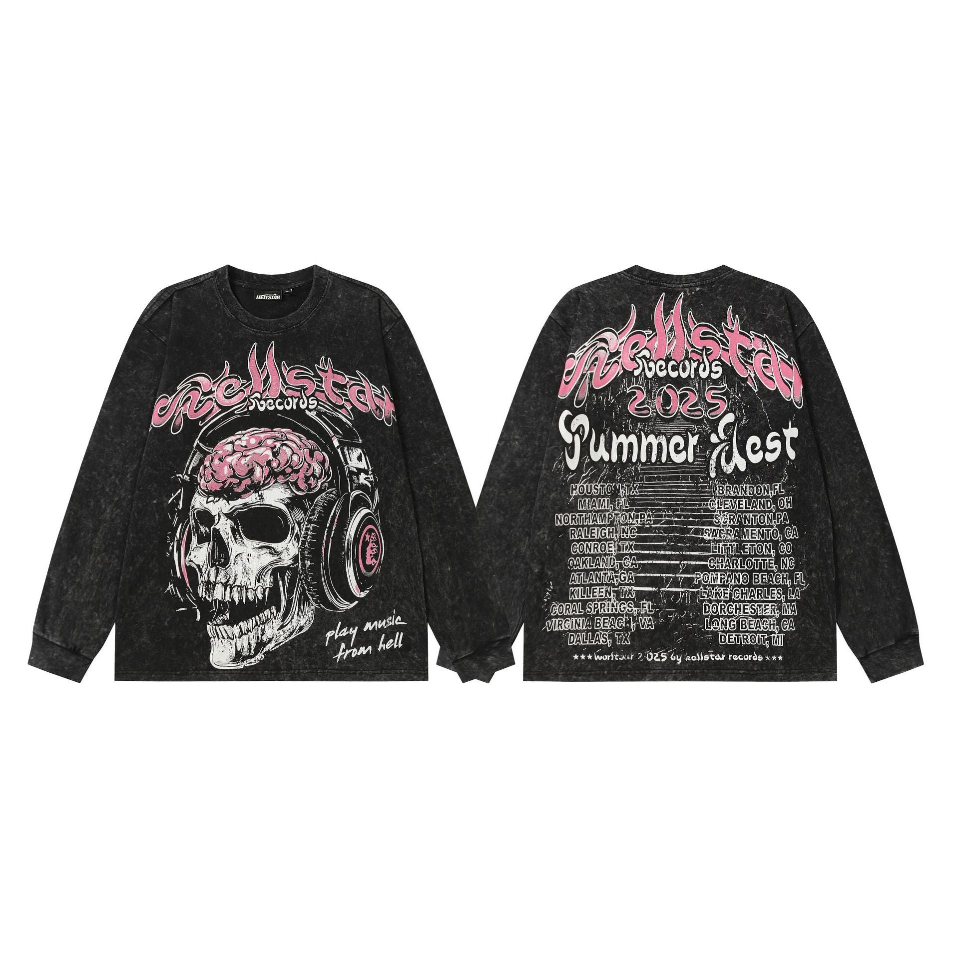 Hellstar Skull & Lightning Print Acid Wash Vintage Long Sleeve Hoodie