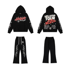 HELLSTAR 2025 Fall/Winter Flame & Star Graphic Fleece Hoodie & Sweatpants Set