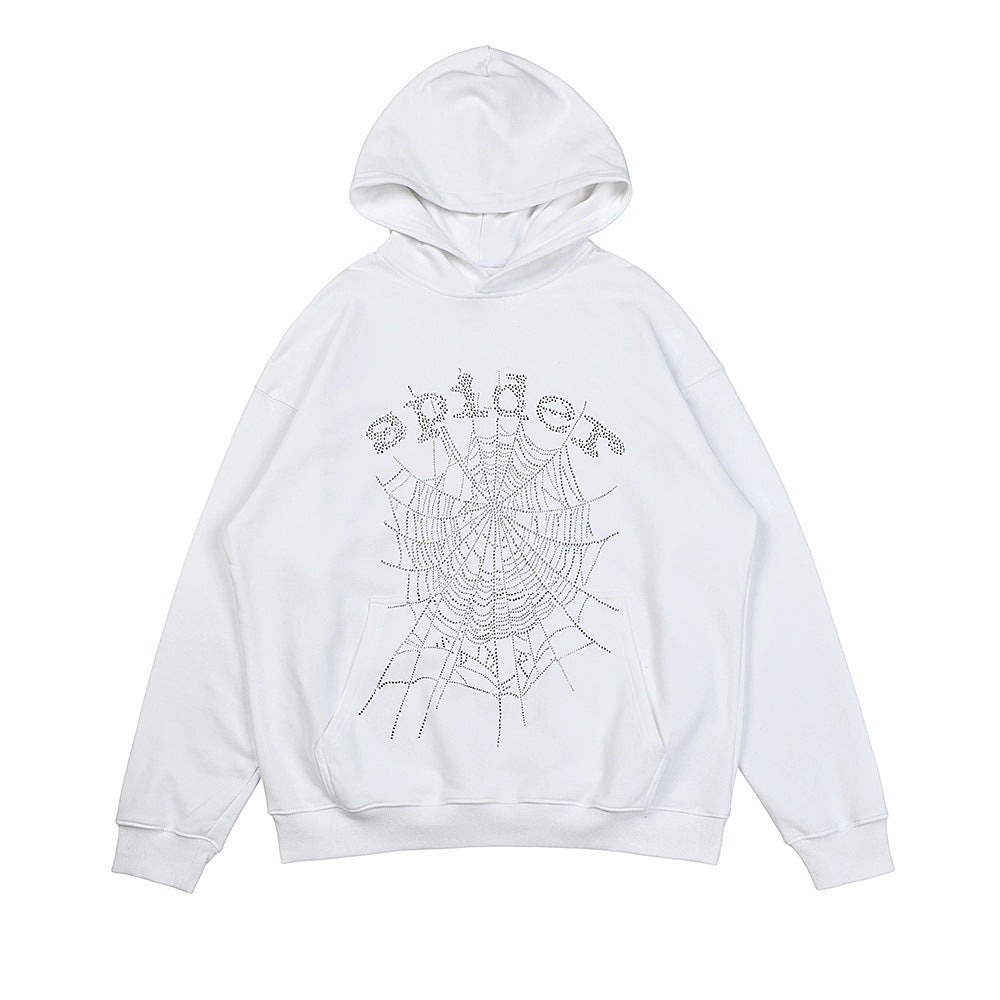 25ss High Quality SP5DER American Streetwear Rhinestone Foam Letter Spider Web Hoodie (Unisex)