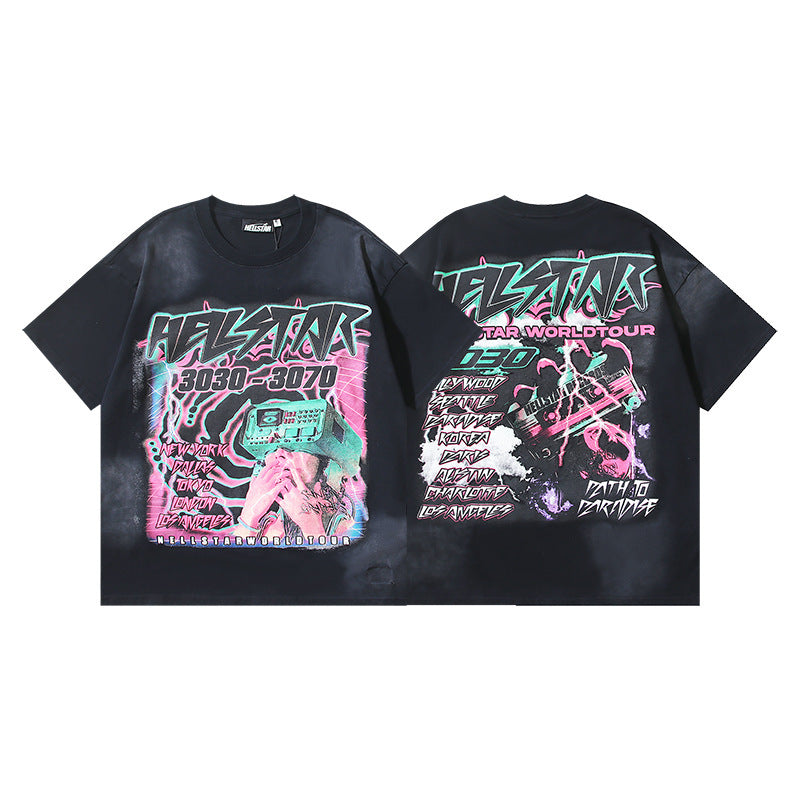 HELLSTAR 2025 American Streetwear Heavyweight Washed Vintage Oversized Short Sleeve T-Shirt