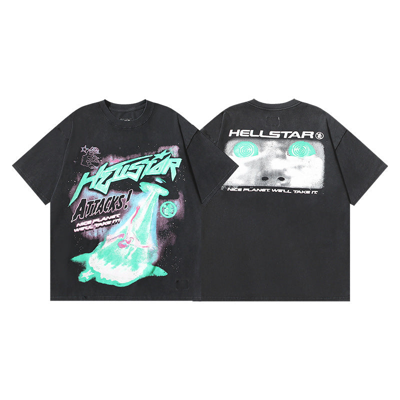 HELLSTAR 2025 American Streetwear Heavyweight Washed Vintage Oversized Short Sleeve T-Shirt