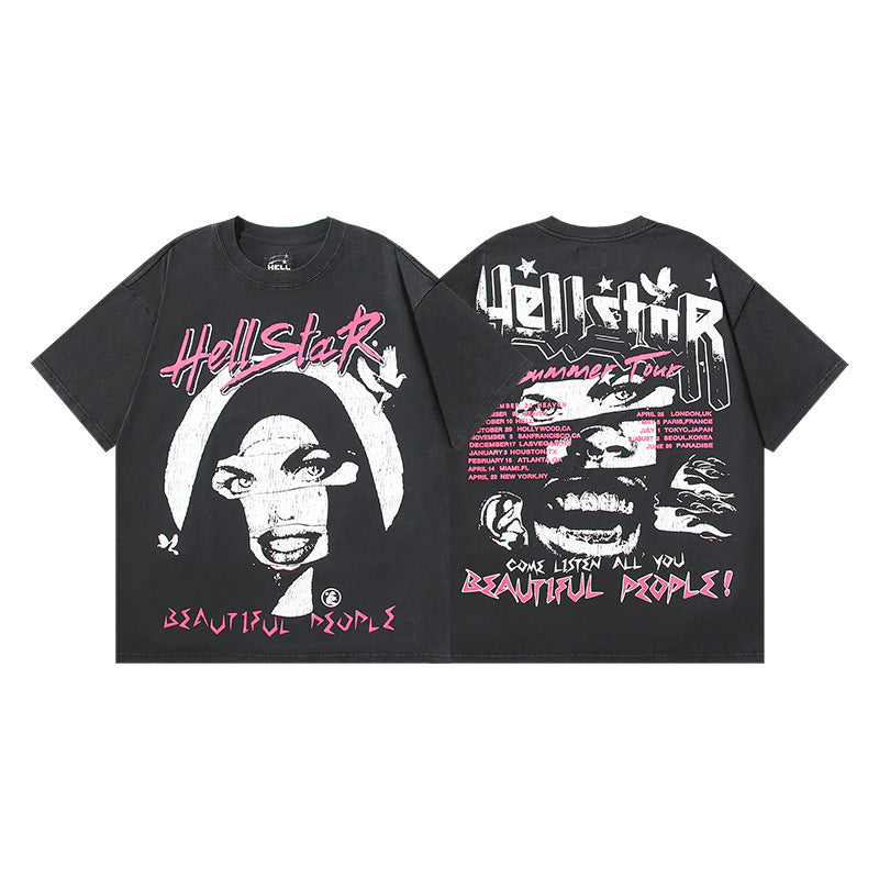 HELLSTAR 2025 American Streetwear Heavyweight Washed Vintage Oversized Short Sleeve T-Shirt