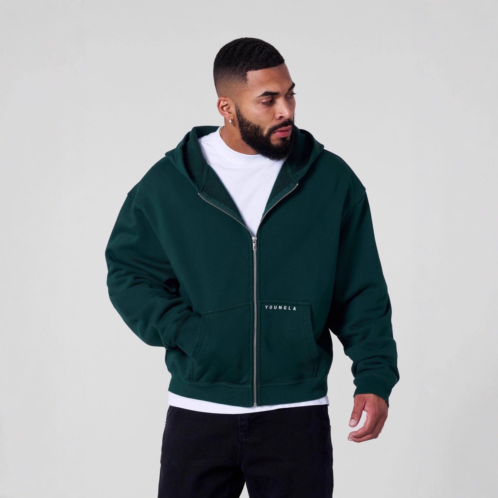 YOUNGLA Men's Graphic Zip-Up Hoodie – Heavyweight Fleece Streetwear Sweatshirt