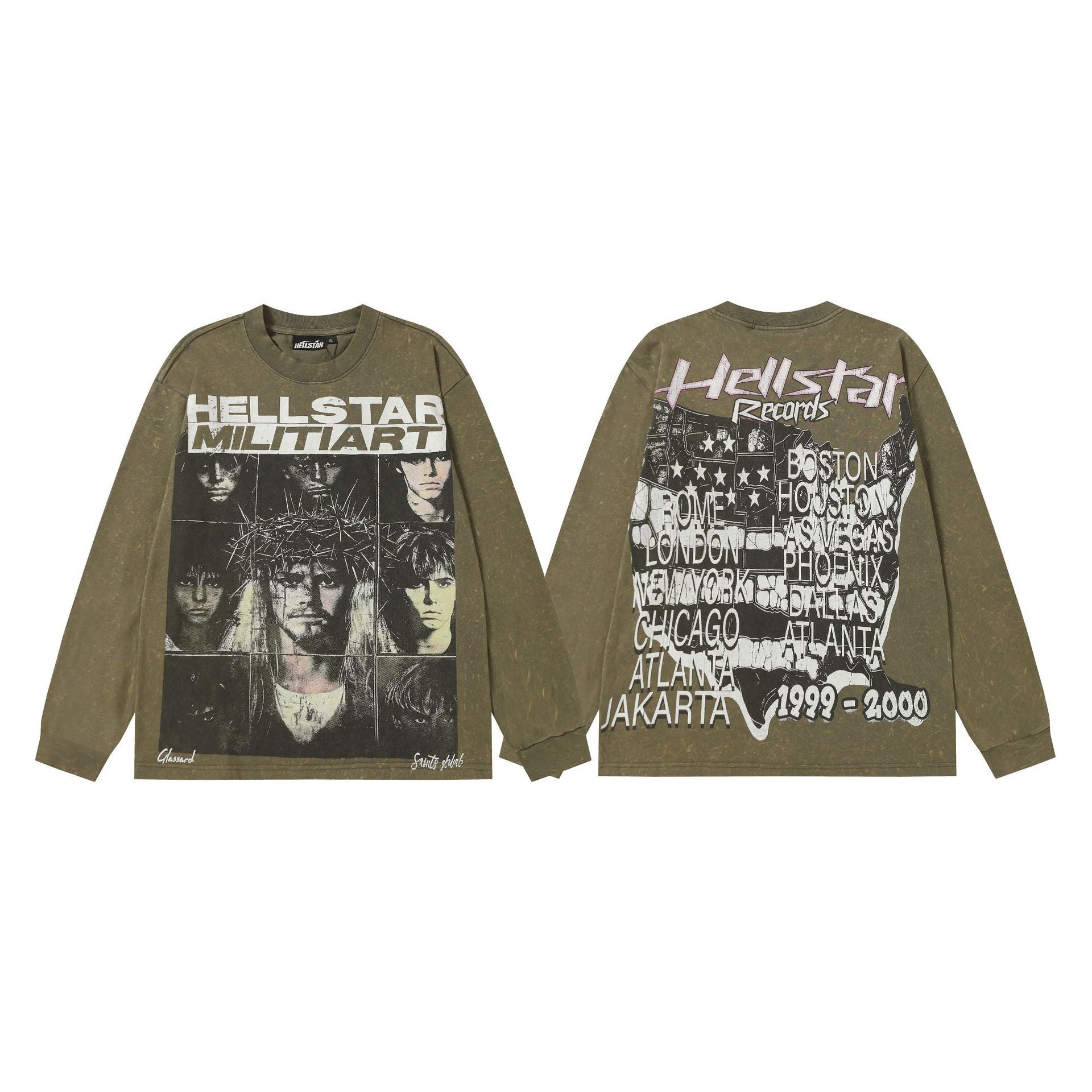 Hellstar Skull & Lightning Print Acid Wash Vintage Long Sleeve Hoodie