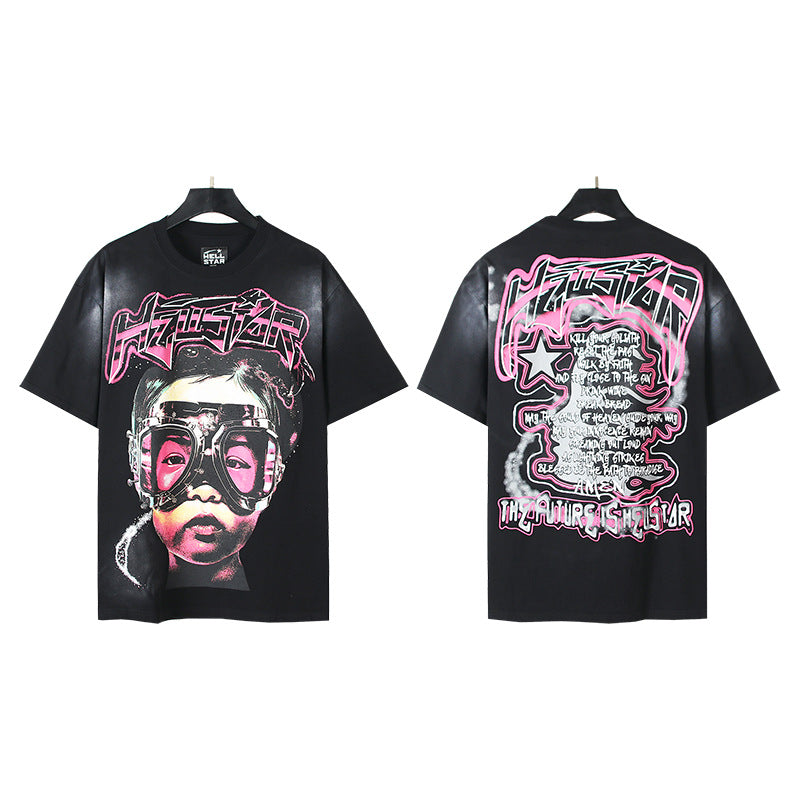 Vintage Washed Graphic Tee – Oversized Unisex Short Sleeve T-Shirt (Washed Black & Blue Series)