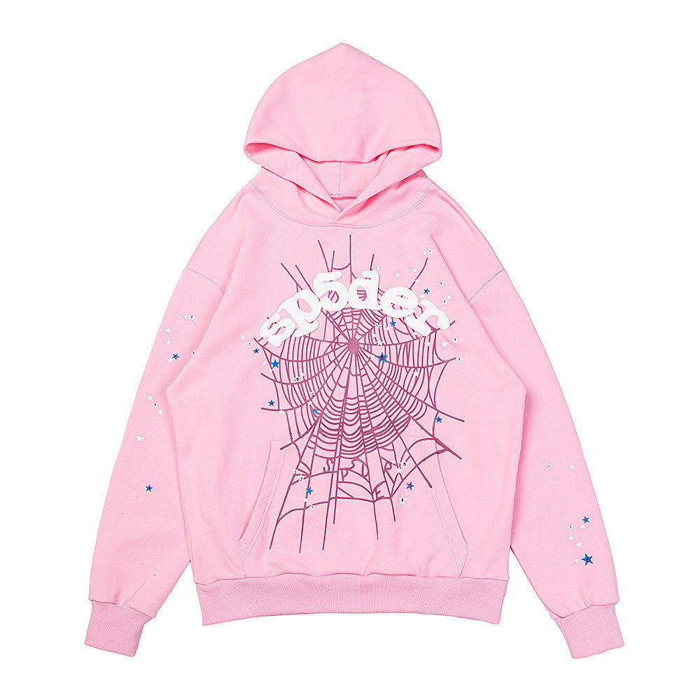 25ss High Quality SP5DER American Streetwear Rhinestone Foam Letter Spider Web Hoodie (Unisex)