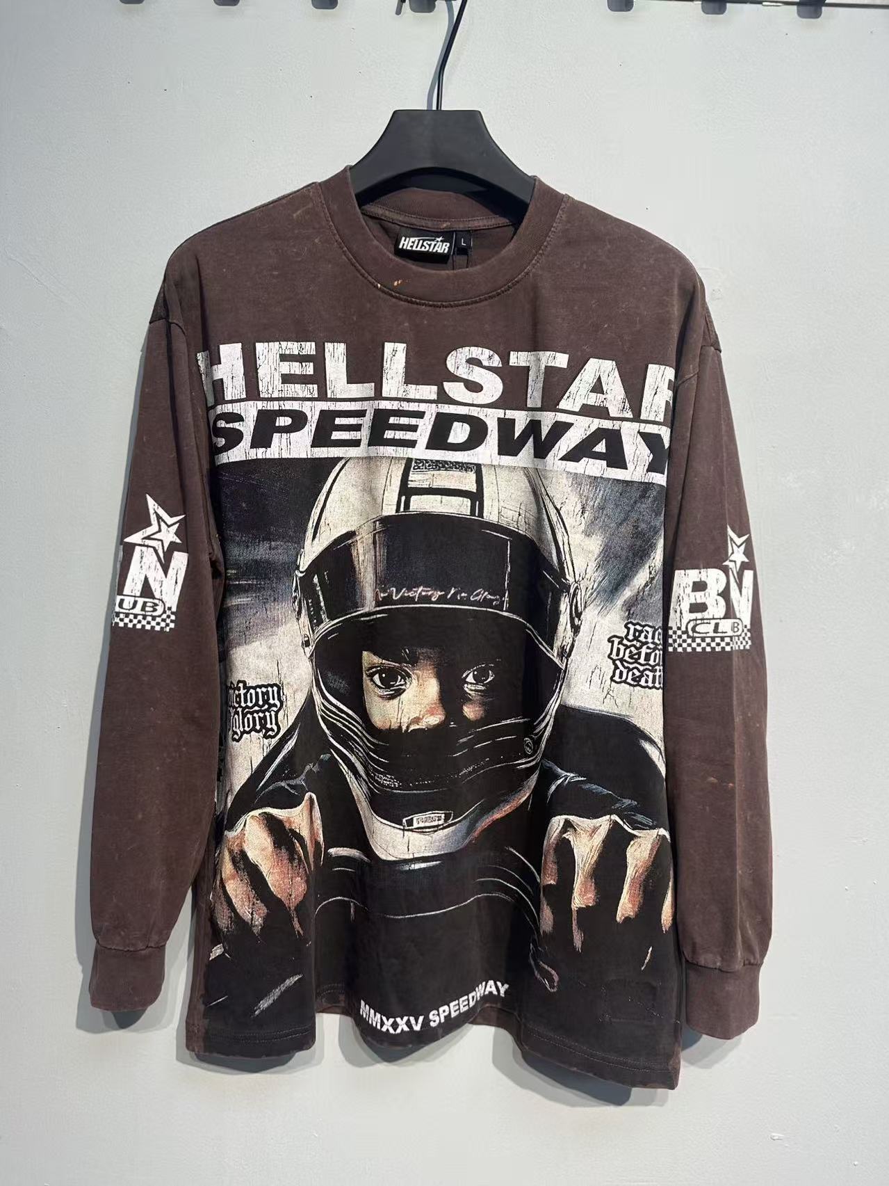 Hellstar Skull & Lightning Print Acid Wash Vintage Long Sleeve Hoodie
