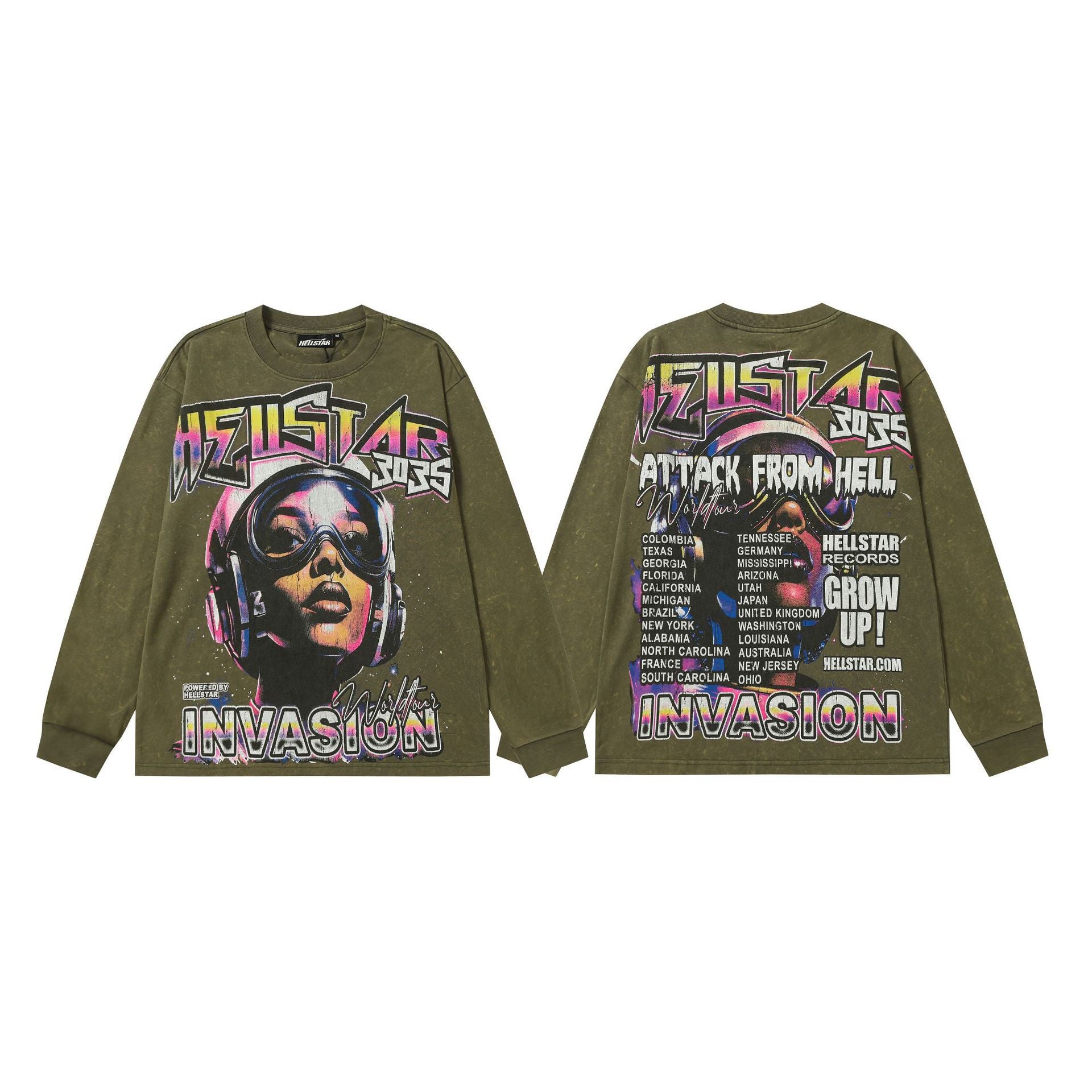 Hellstar Skull & Lightning Print Acid Wash Vintage Long Sleeve Hoodie