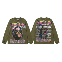 Hellstar Skull & Lightning Print Acid Wash Vintage Long Sleeve Hoodie